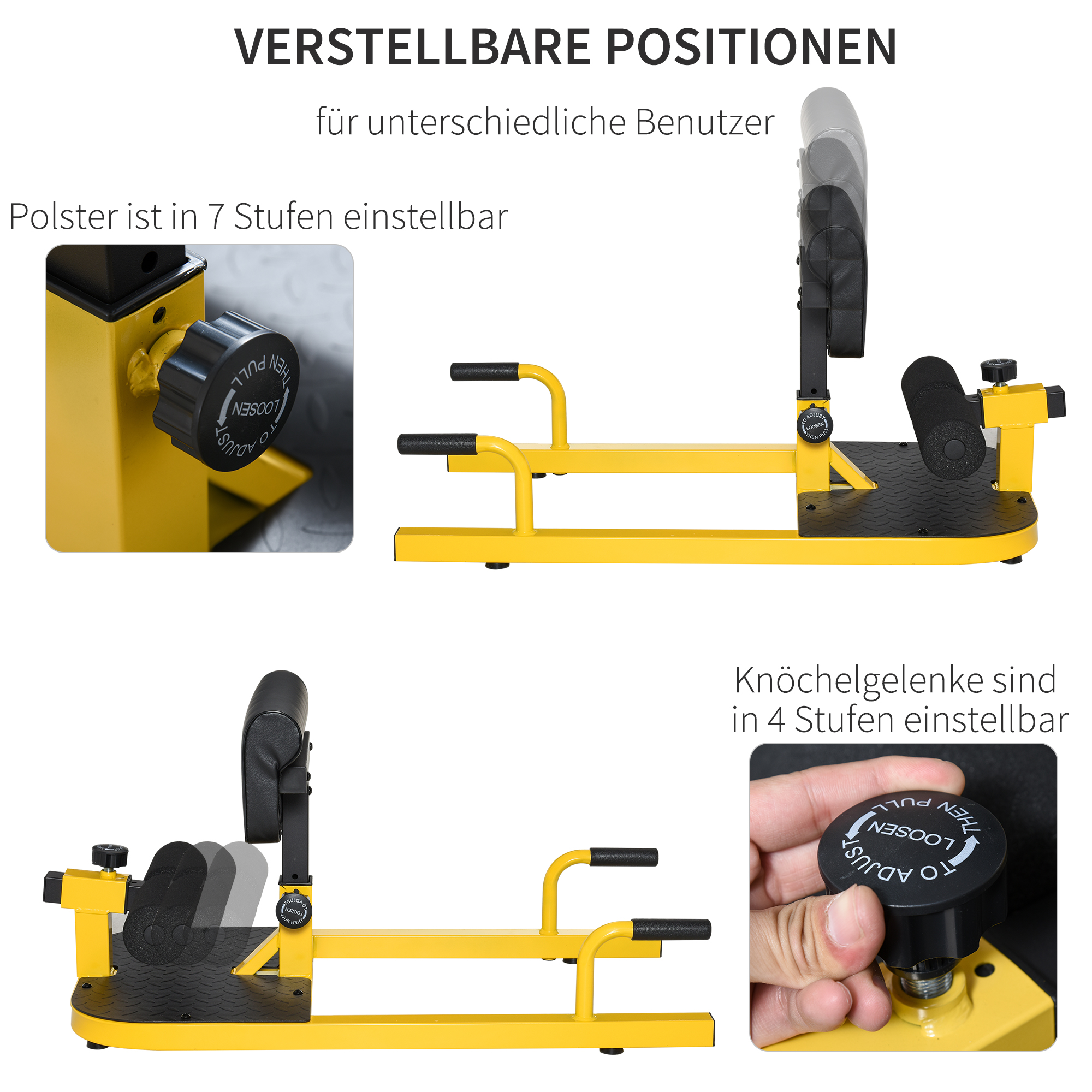 Sissy squat -harjoittelulaite 3 in 1, keltainen ja musta, teräs, 50 x 97 x 44,5-56,5 cm, enintään 120 kg - Image 5