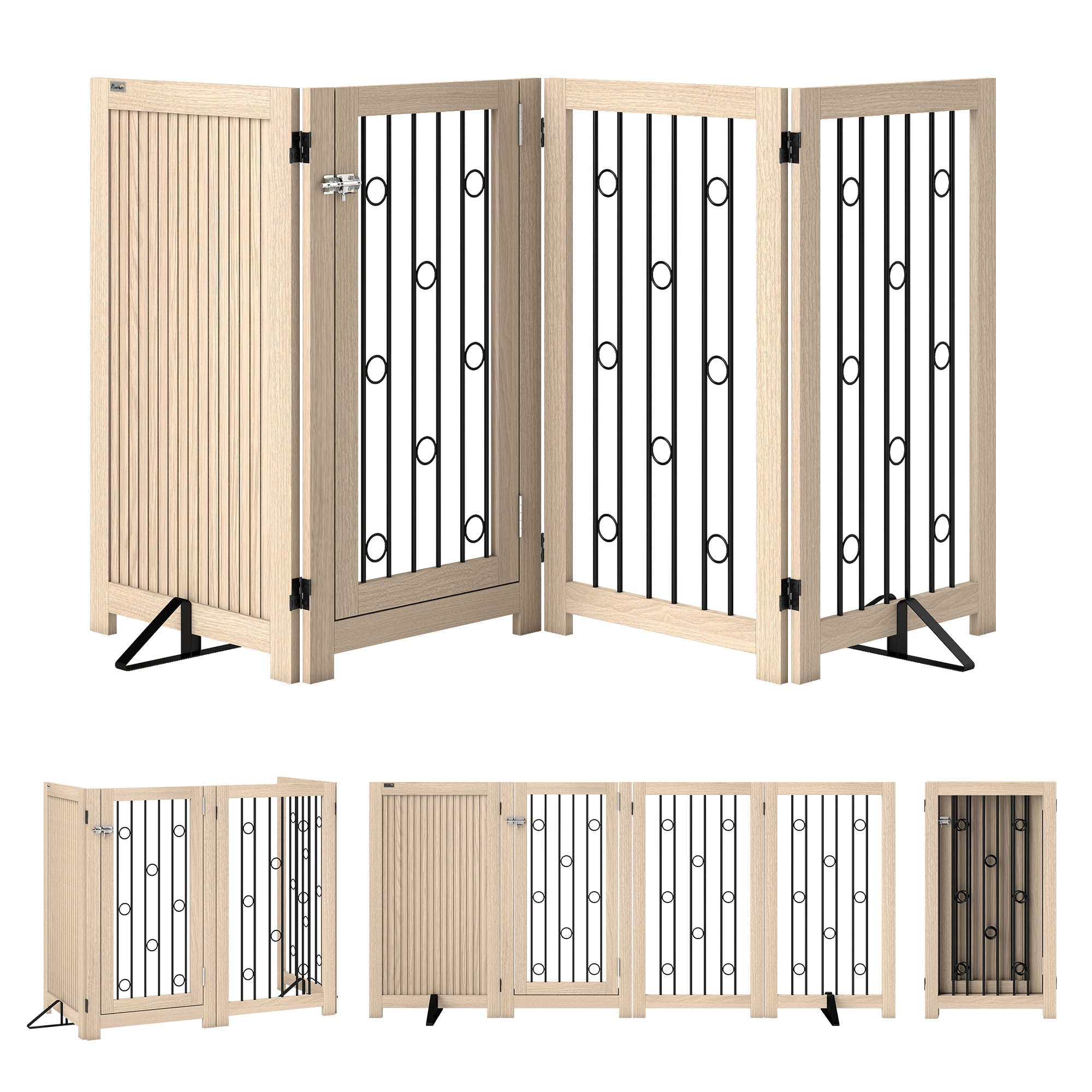 4-paneeliline vabalt seisvad lemmikloomavärav uksega, 205 x 30,5 x 91,5 cm, tamm ja must