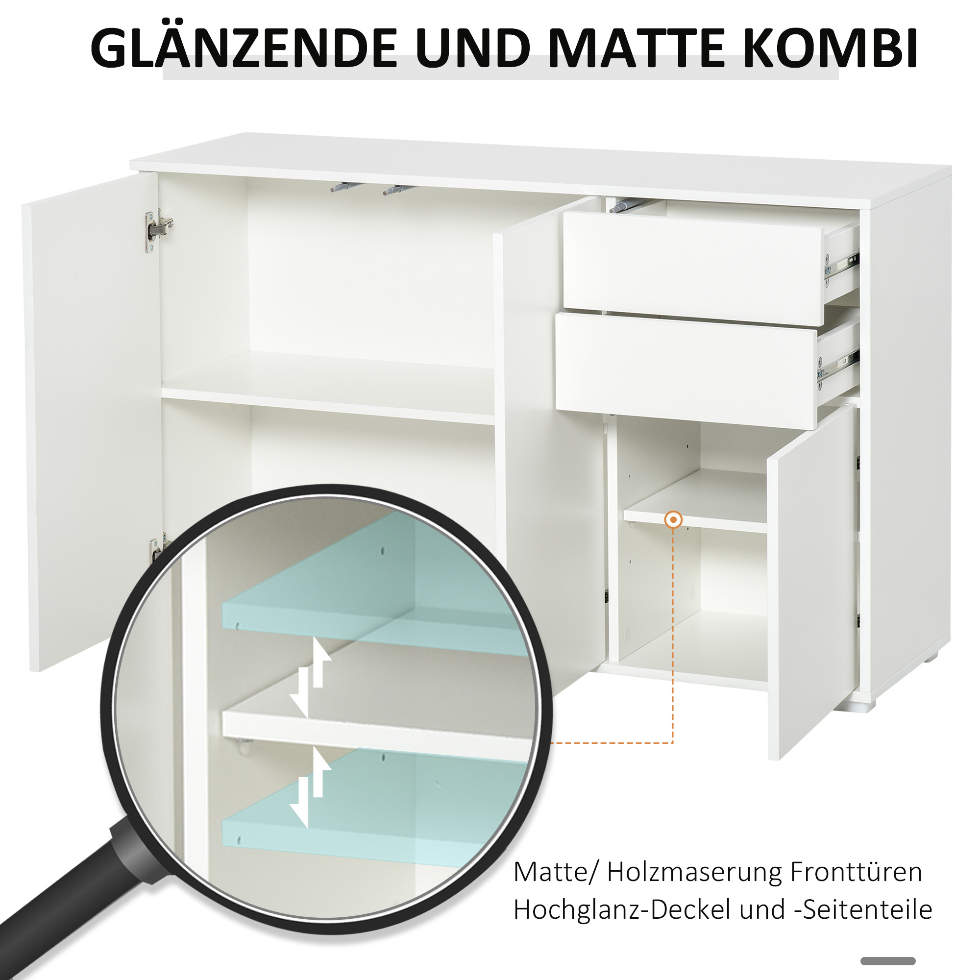 Sideboard kapp, 2 sahtlit, push-click, valge, 117 x 36 x 74 cm - Image 5