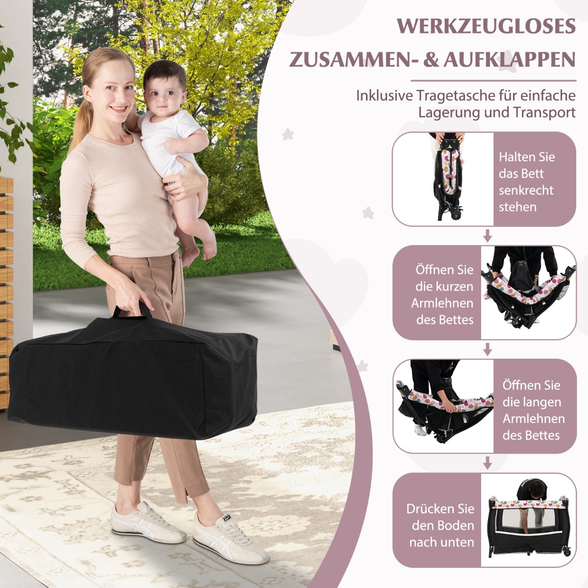 4-in-1 kelioninė lovelė su čiužiniu, sulankstoma, juoda/pilka - Image 2