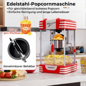 Retro popkorniaparaat 300 W, kinostiilis, soojenduslambiga ja käsikraaniga, punane-valge
