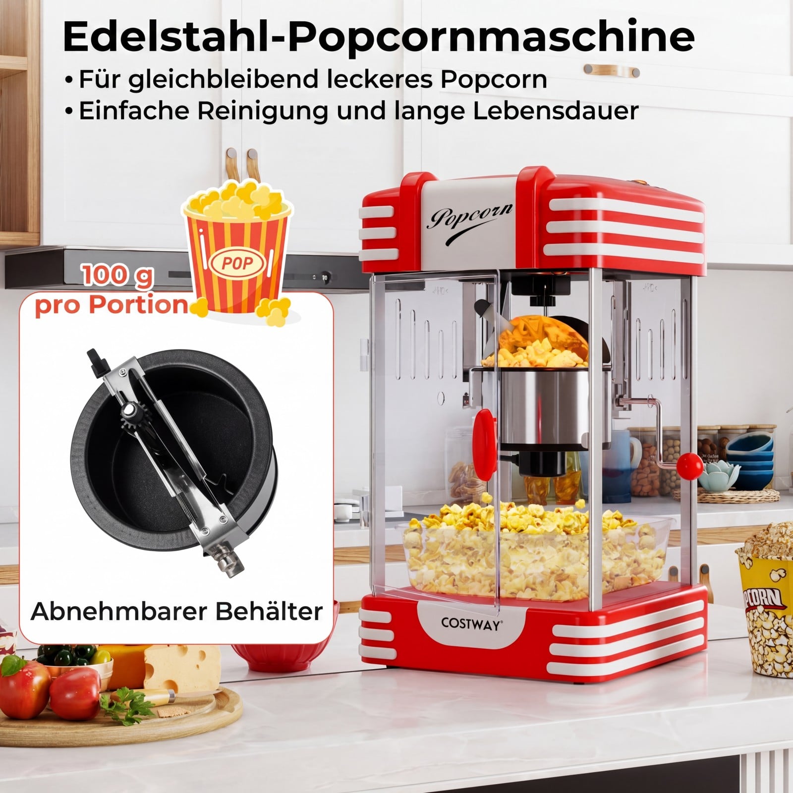Retro popkornu mašīna 300 W, kinoteātra stilā, ar sildīšanas lampu un roku sviru, sarkani balta