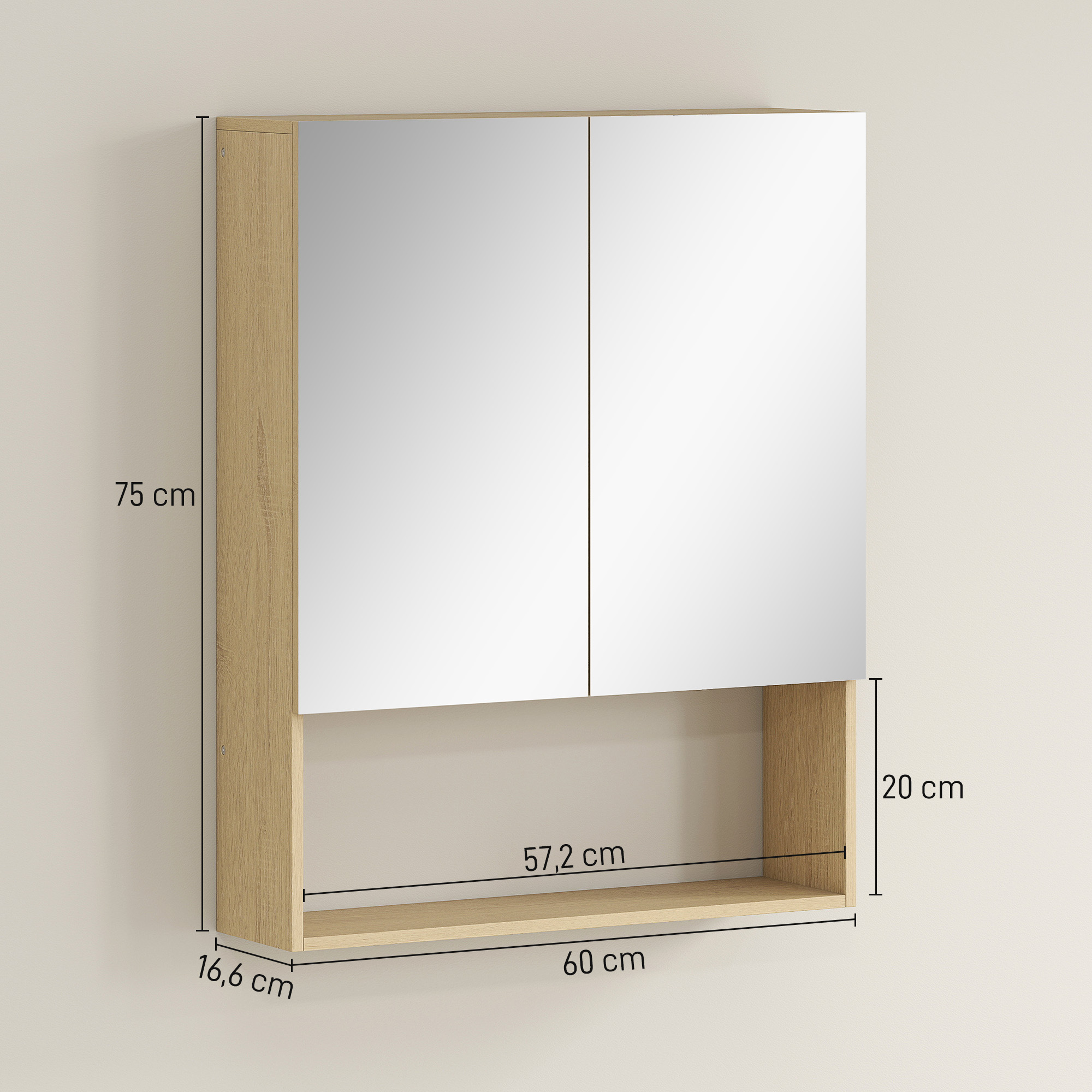 Kylpyhuonekaappi peiliovilla, 60 x 16,6 x 75 cm, tammen sävyinen - Image 3