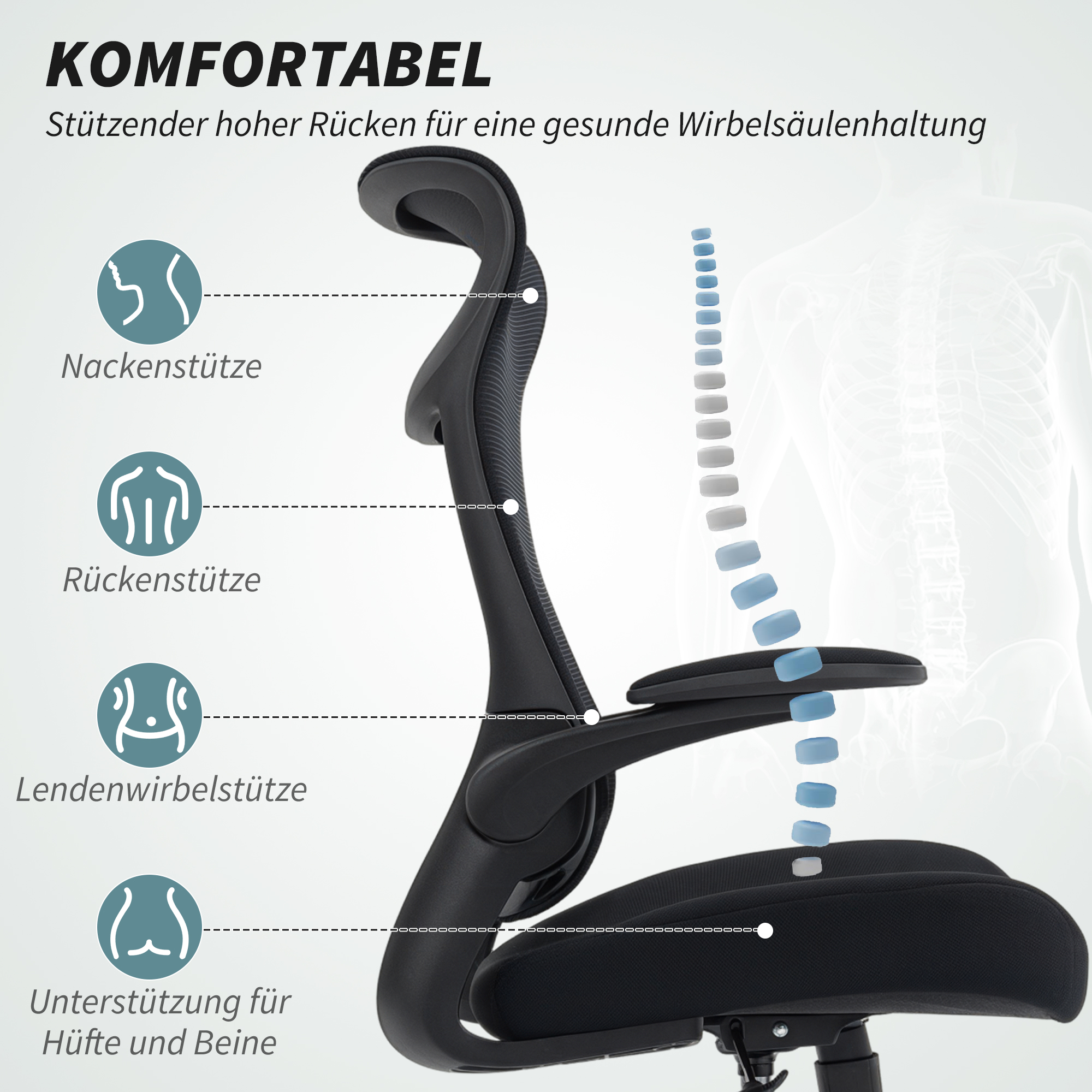 Ergonominė biuro kėdė su 3D porankiais, tinklo audinys, juoda, 108-118 cm - Image 4