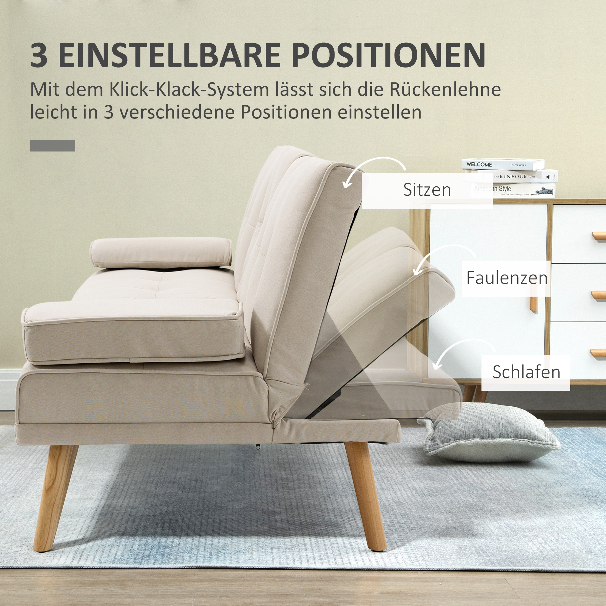Miegamoji sofa 3 vietų, atlošas su 3 padėtimis, atlenkiamu staliuku, smėlio spalvos, 181 x 77 x 78 cm - Image 5