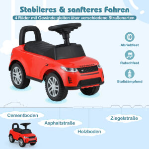 Lasten työnnettävä auto äänitorvella ja moottoriäänillä, punainen