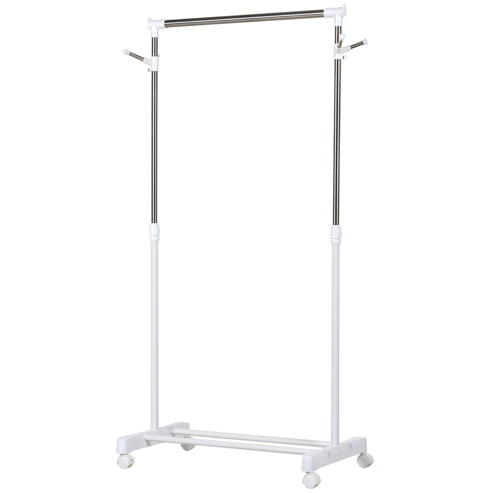 Reguleeritav ratastel riidestange alumise riiuliga, 87–145 cm, valge