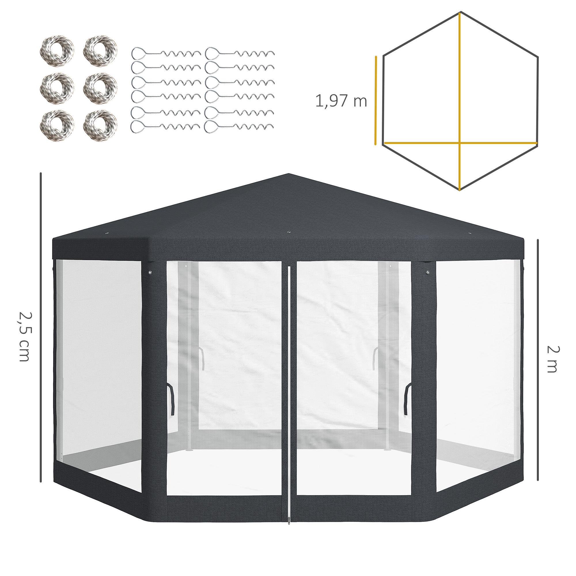 Kuusikulmainen puutarhapaviljonki verkkokaihtimilla, metallirunko, tummanharmaa, 394 x 341,2 x 250 cm - Image 3