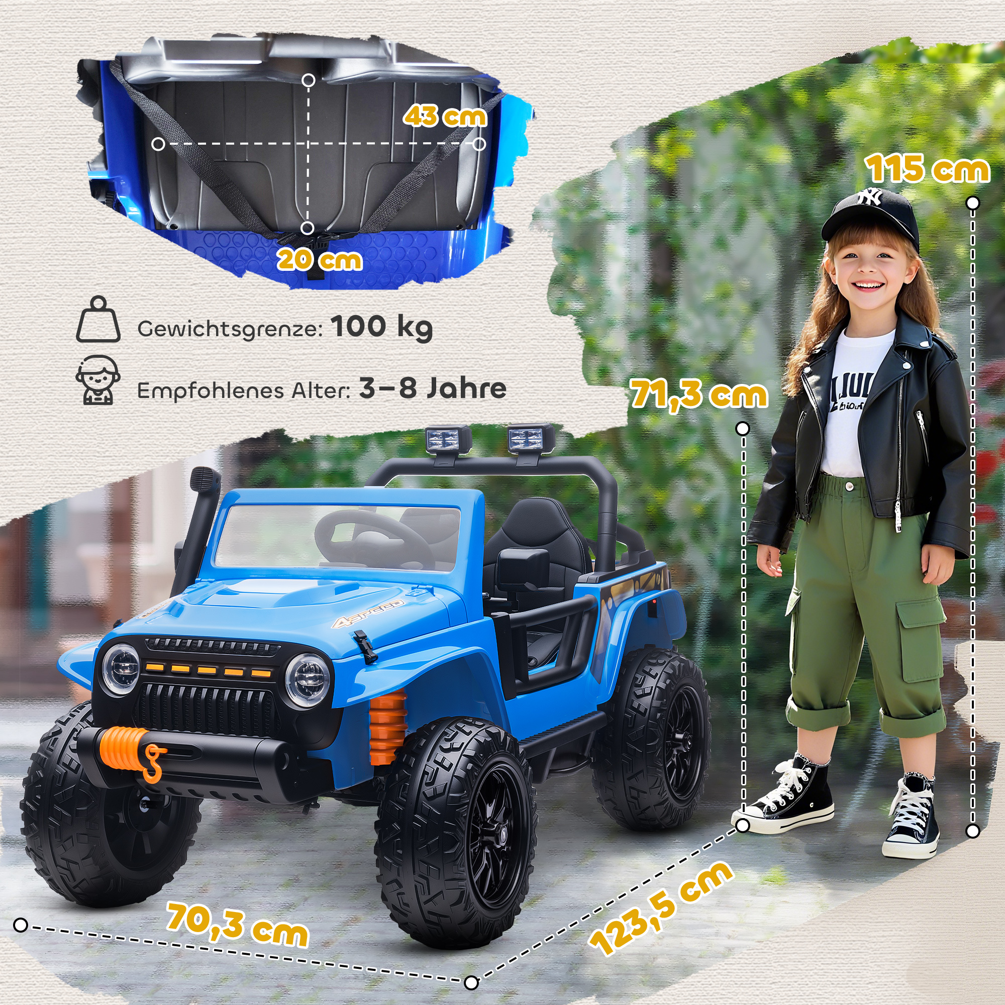 Bērnu elektriskais auto, 12V baterija, vecāku un bērna sēdeklis, tālvadība, mūzika, skaņas signāls, LED gaismas, 3-8 gadi, zils - Image 3