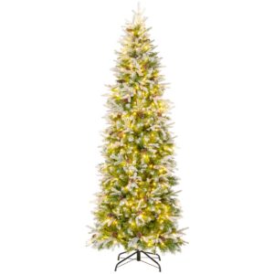 220cm lumipeitteinen keinokuusi nivelöidyillä oksilla, 913 kärjellä, 75 kävyllä ja 350 lämpimällä valkoisella LED-valolla