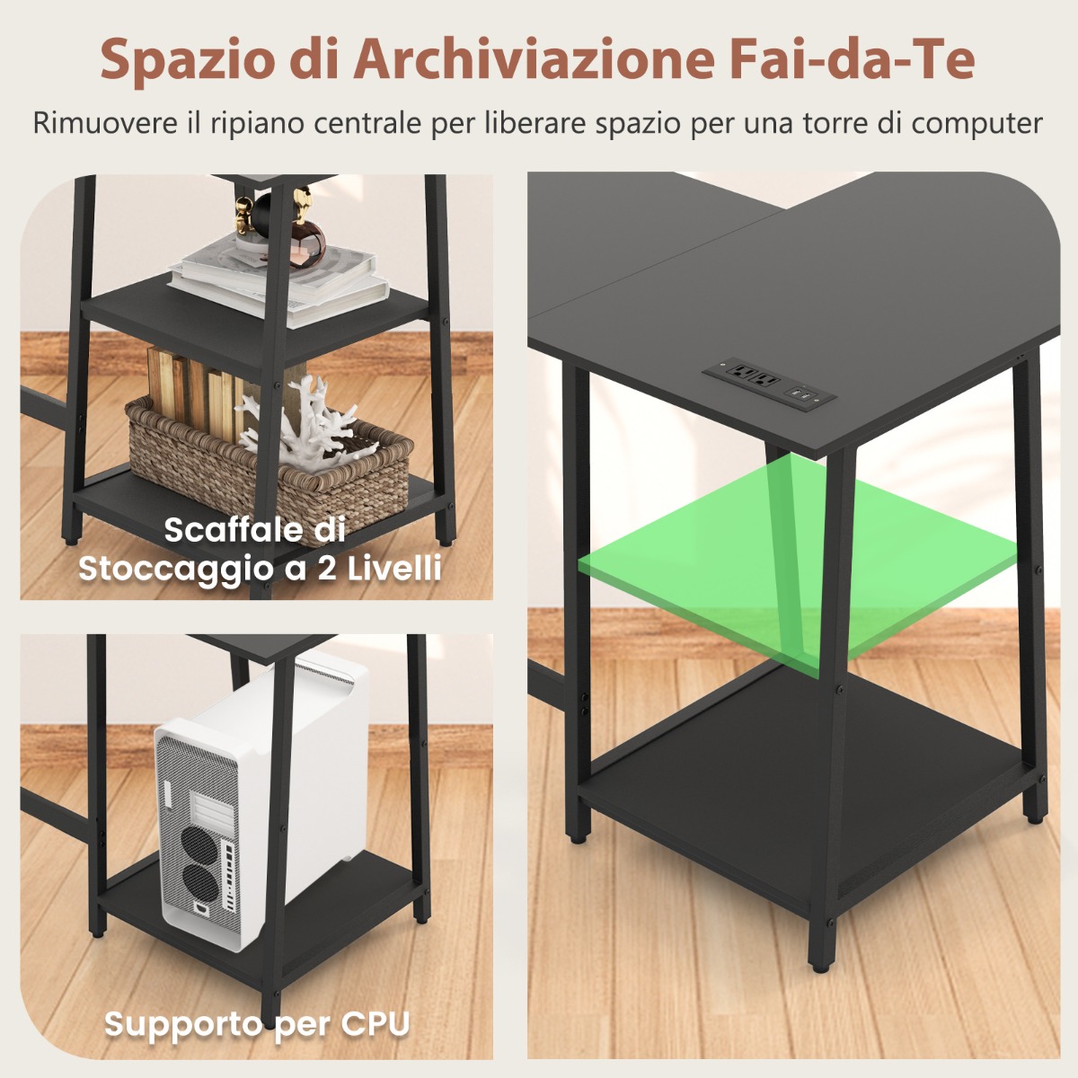 L formos kampinis stalas su lizdais ir USB 120x120 cm juodas spalvos