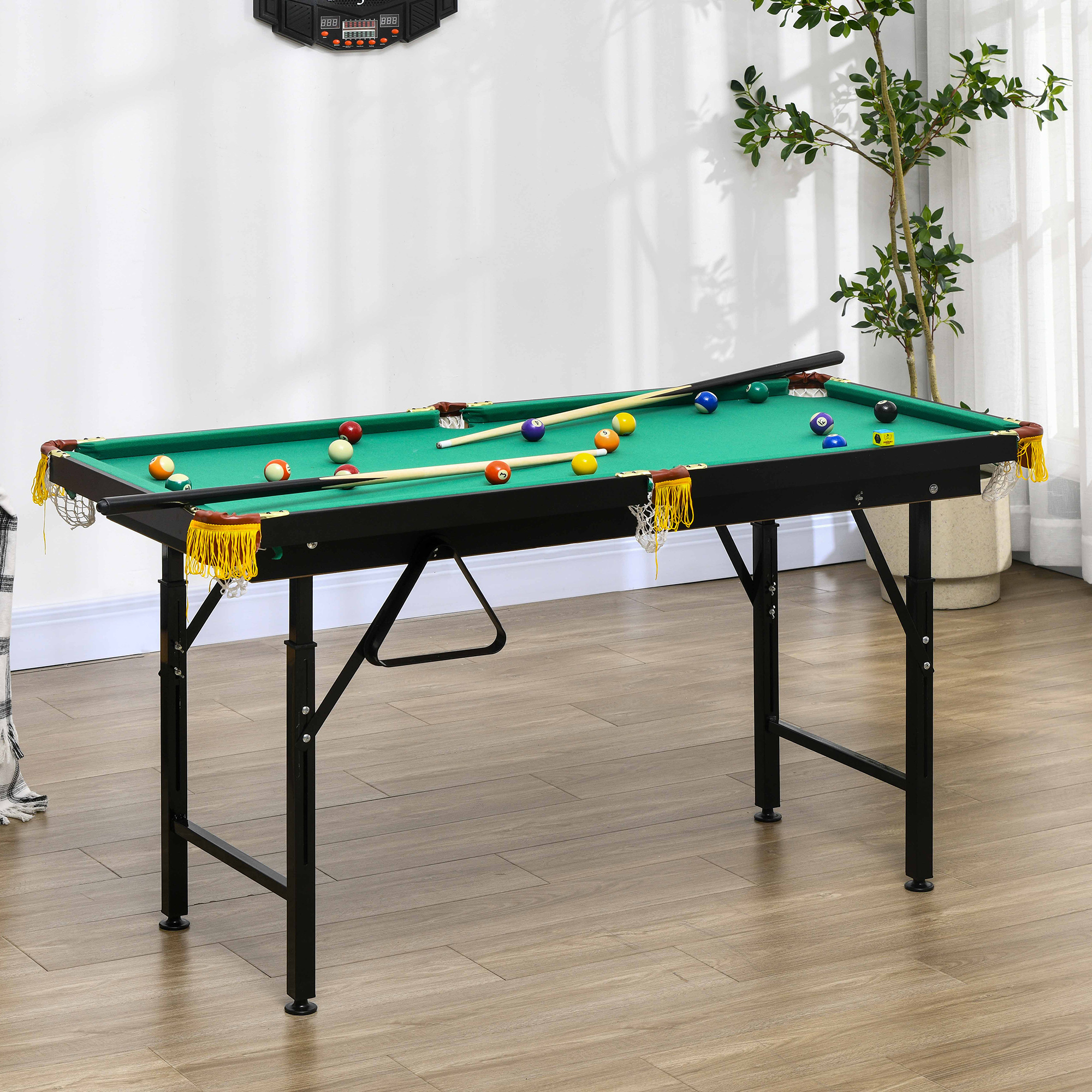 Salokāms biljarda galds ar regulējamu augstumu, zaļš, 140 x 63 x 55-75 cm, ar 2 nūjām un 16 bumbām - Image 2