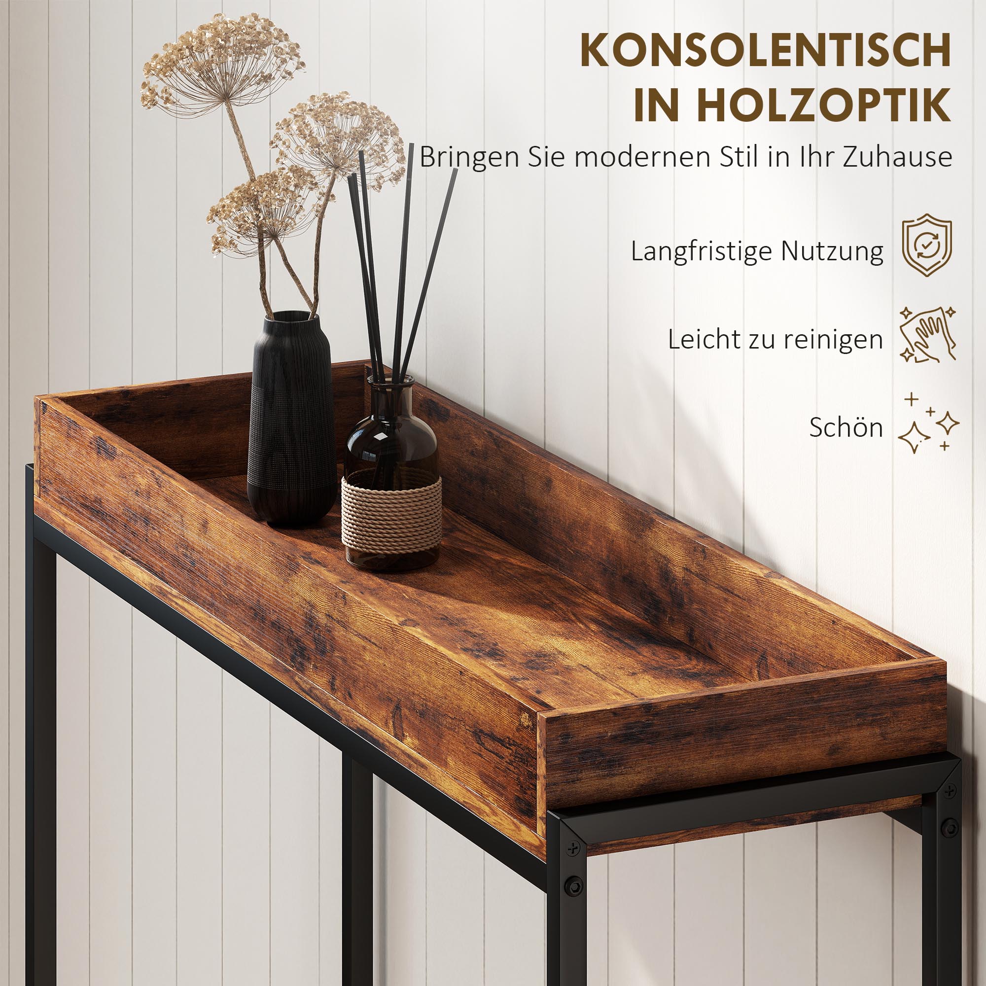 Siauras konsolinis staliukas, rustikinės rudos ir juodos spalvos, metalas, medžio drožlių plokštė, 100 x 30 x 91 cm - Image 4