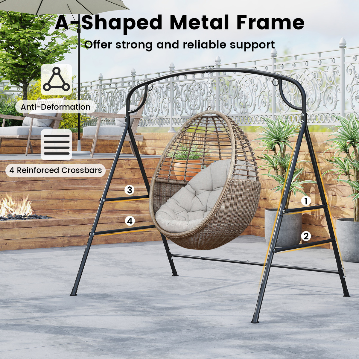 Ulkokäyttöön metallinen keinukehikko 4 tukitangolla, 2 ripustusvaihtoehtoa - Image 7