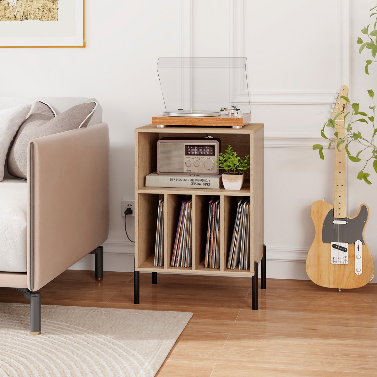 Vinilo plokštelių grotuvo stovas su lentyna metalinėmis kojomis 53 × 45 × 78,5 cm natūrali