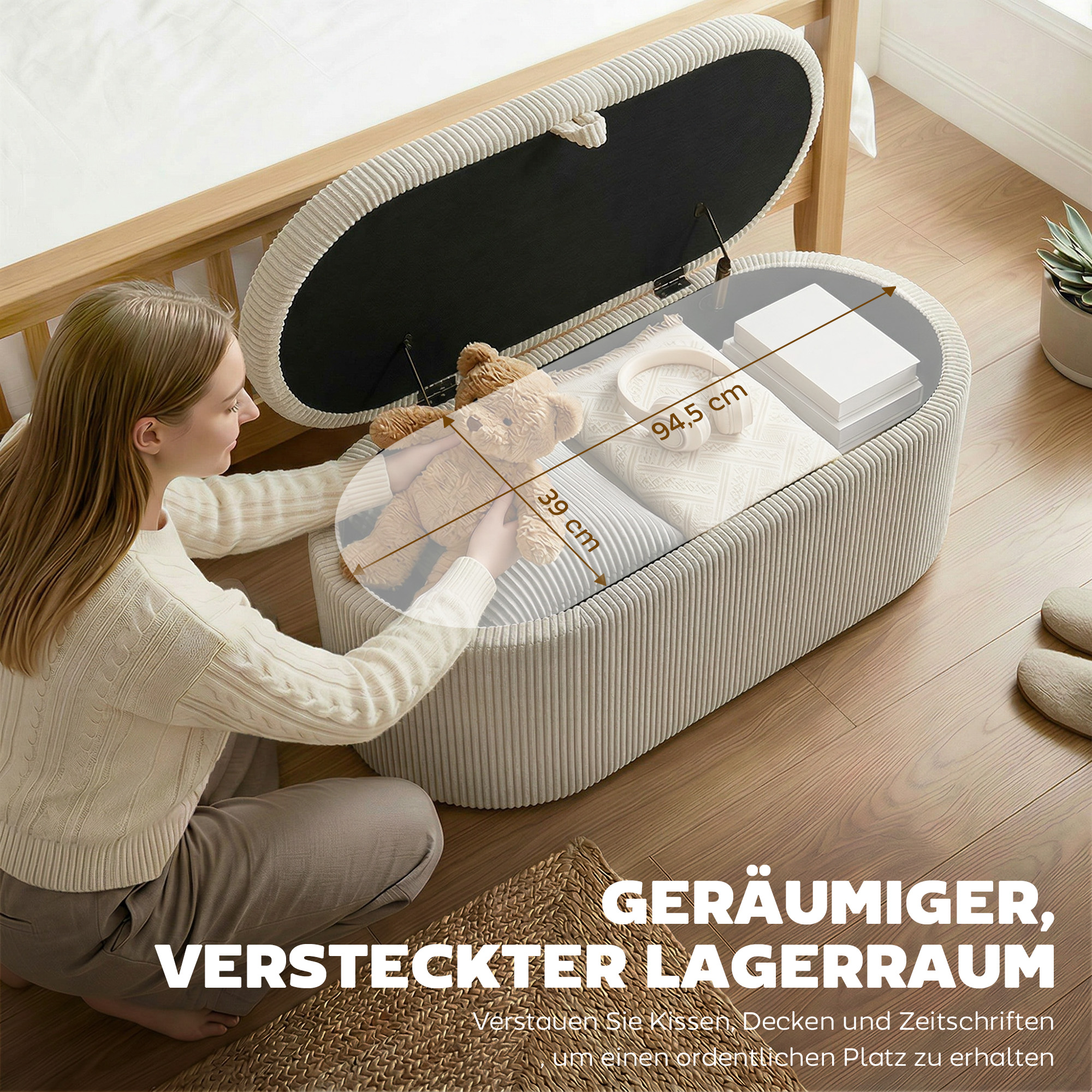 Säilytysrahi säilytystilalla, vakosametti, beige, 105 x 51 x 49 cm - Image 4