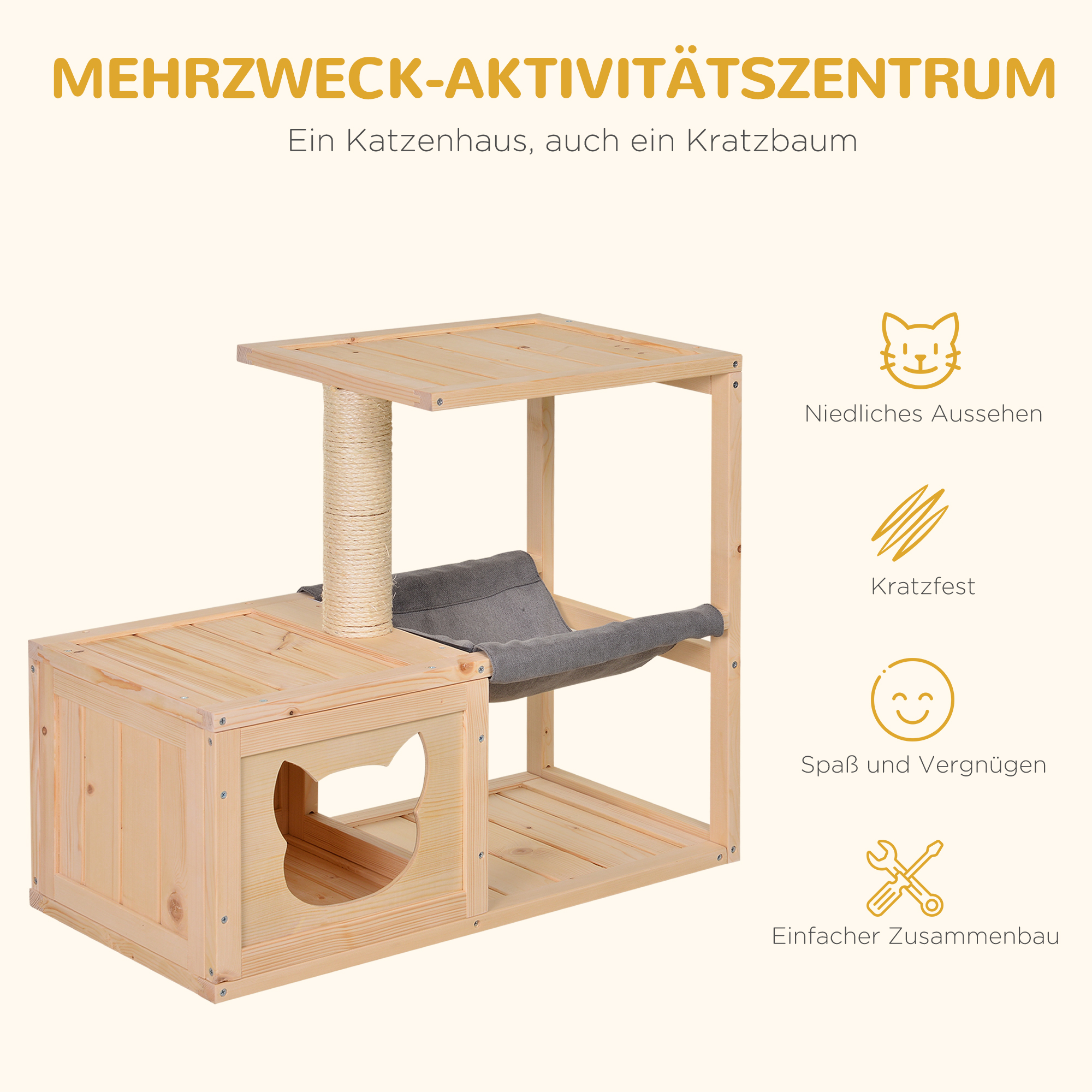 Kaķu aktivitāšu centrs, kaķu mājiņa ar šūpuļtīklu, dabisks, 70 x 35 x 60 cm - Image 4