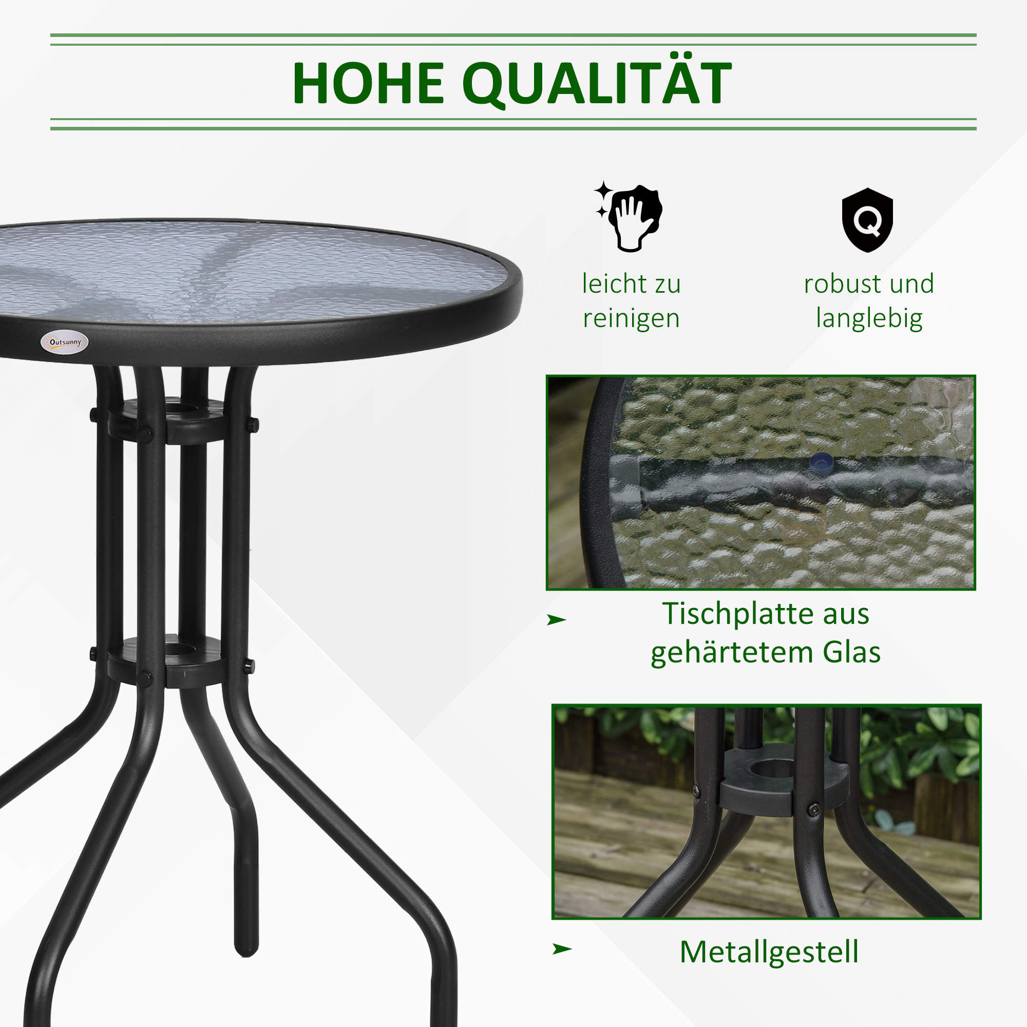 Dārza galds balkona galds, melns, Ø60 x H70 cm, metāls un rūdīts stikls - Image 4