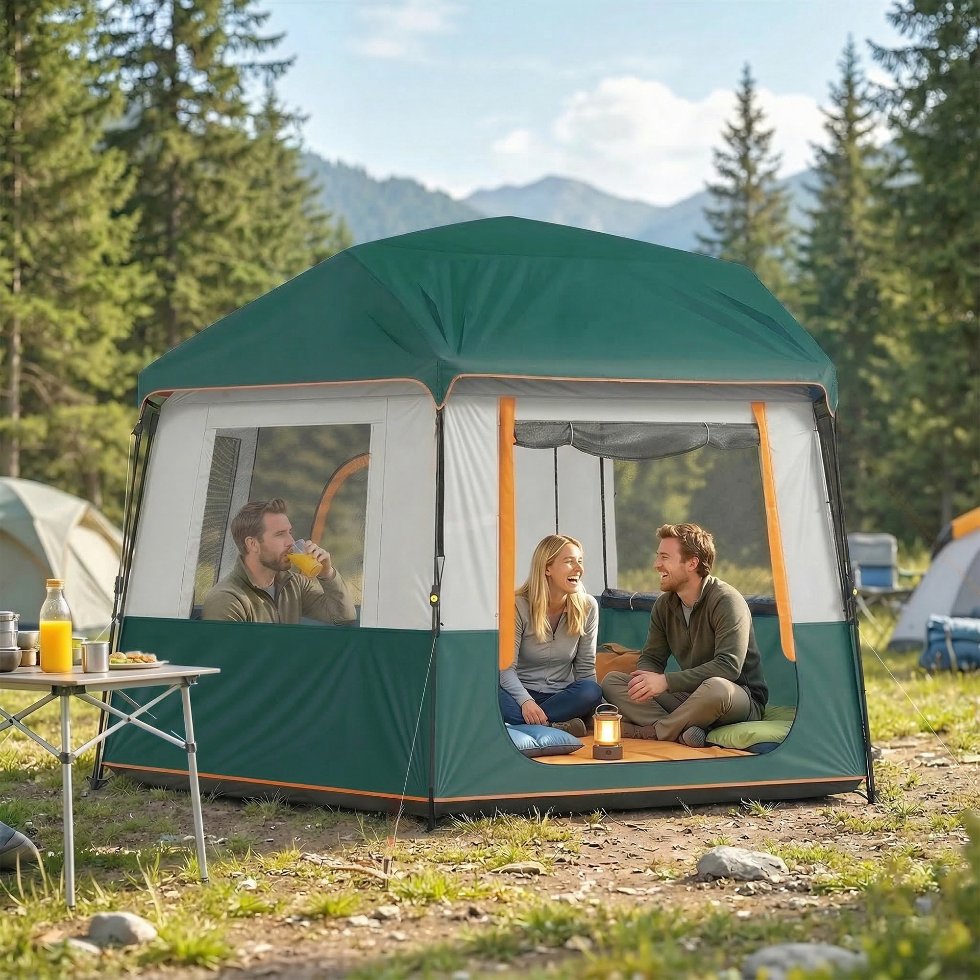4–6 vietų camping palapinė, žalia, 350 x 350 x 205 cm - Image 2