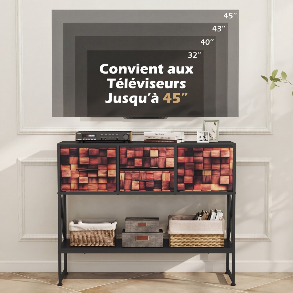 Sofa staliukas su 4 audinio stalčiais, rudas spalvos - Image 2