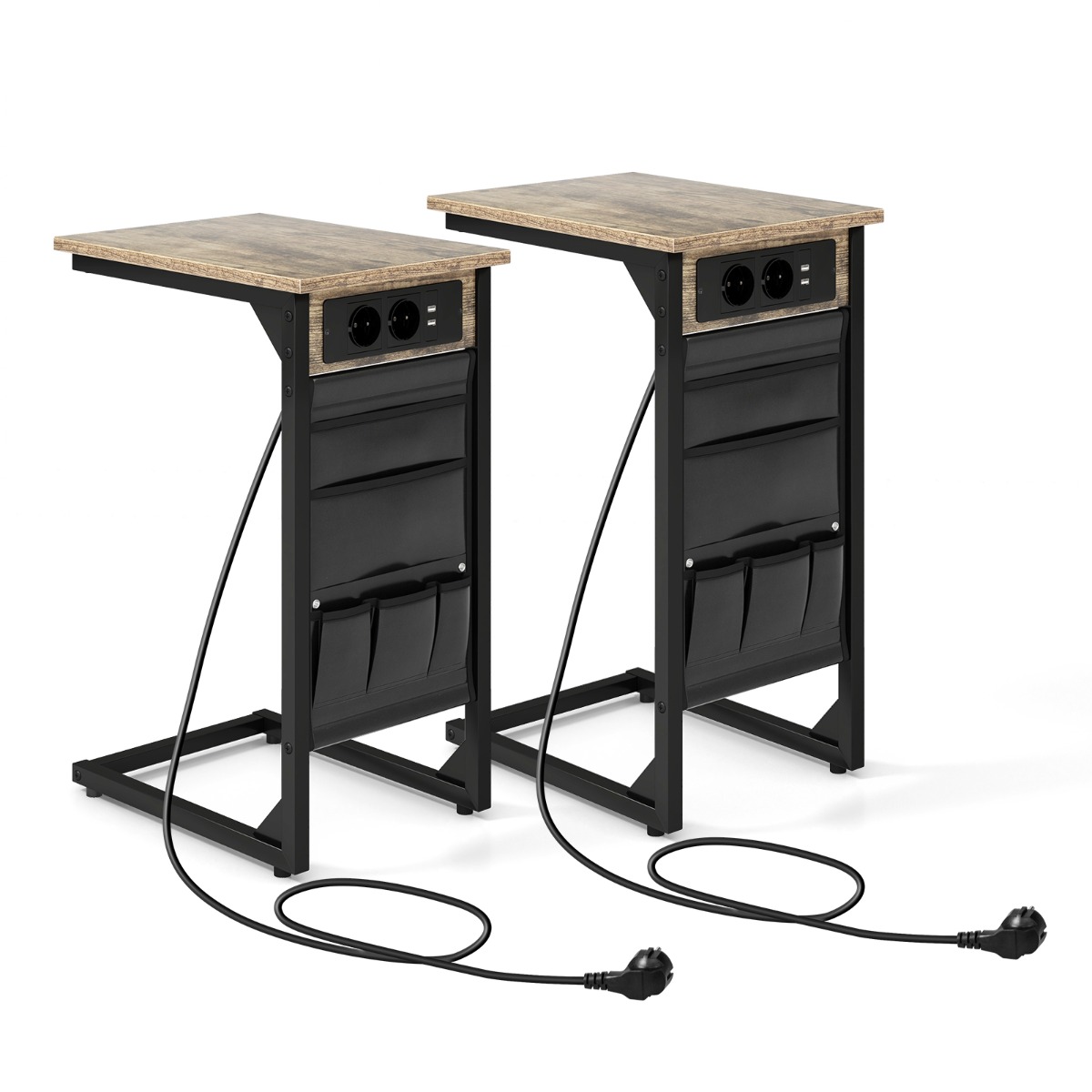 2 C formos šoninių staliukų komplektas, Rustic Brown, su įkrovimo stotele ir USB jungtimis - Image 5