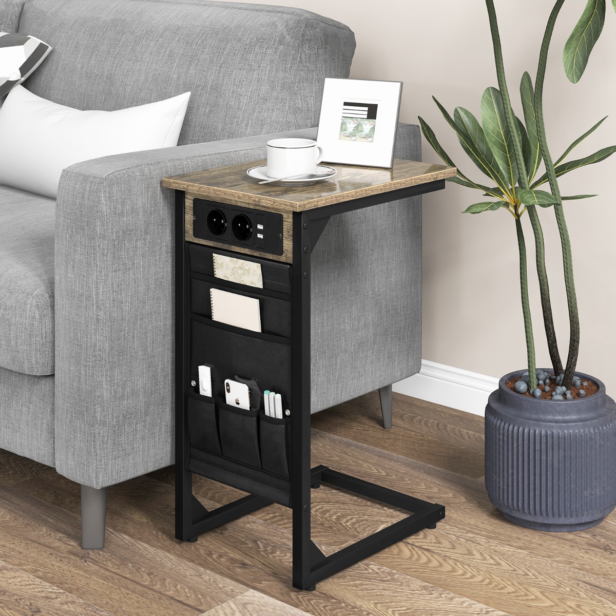 2 C formos šoninių staliukų komplektas, Rustic Brown, su įkrovimo stotele ir USB jungtimis - Image 6