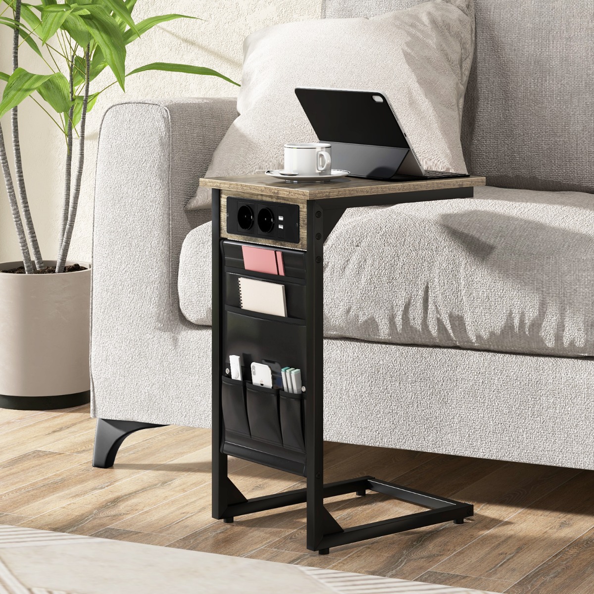 2 C formos šoninių staliukų komplektas, Rustic Brown, su įkrovimo stotele ir USB jungtimis - Image 7