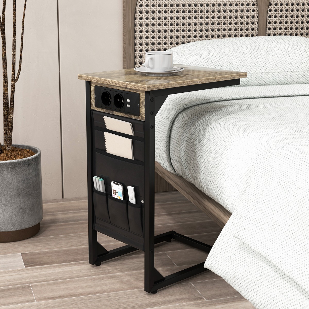 2 C formos šoninių staliukų komplektas, Rustic Brown, su įkrovimo stotele ir USB jungtimis - Image 8