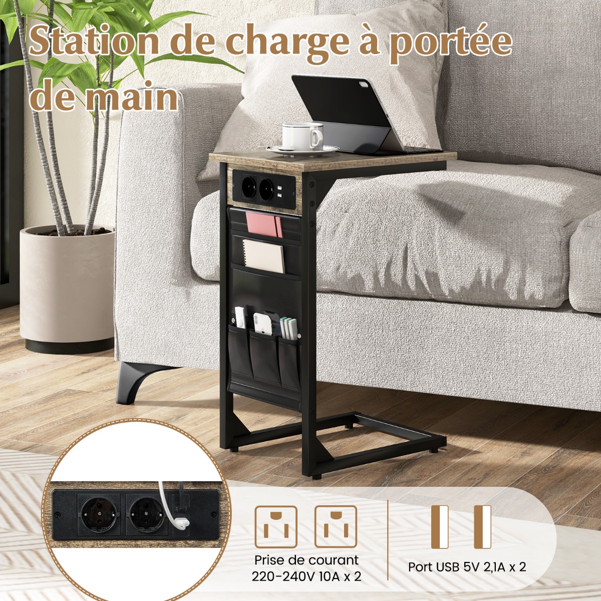 2 C formos šoninių staliukų komplektas, Rustic Brown, su įkrovimo stotele ir USB jungtimis