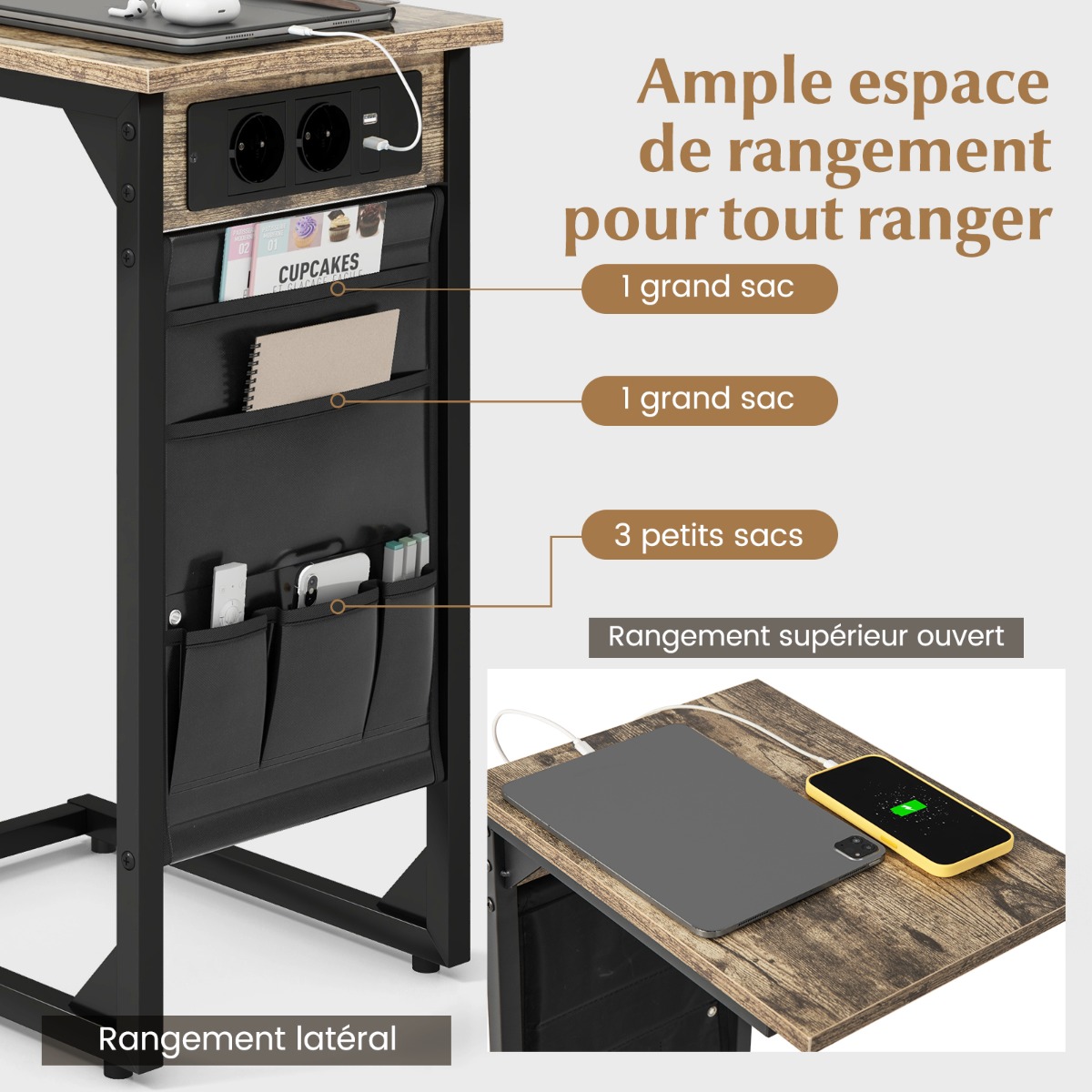 2 C formos šoninių staliukų komplektas, Rustic Brown, su įkrovimo stotele ir USB jungtimis - Image 4