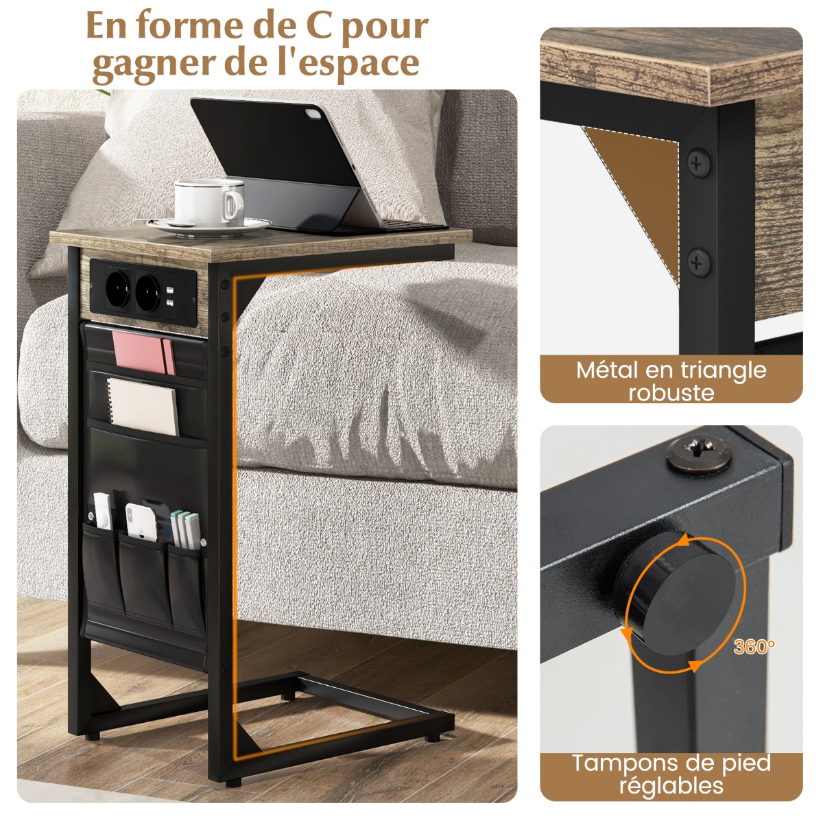 2 C formos šoninių staliukų komplektas, Rustic Brown, su įkrovimo stotele ir USB jungtimis - Image 2