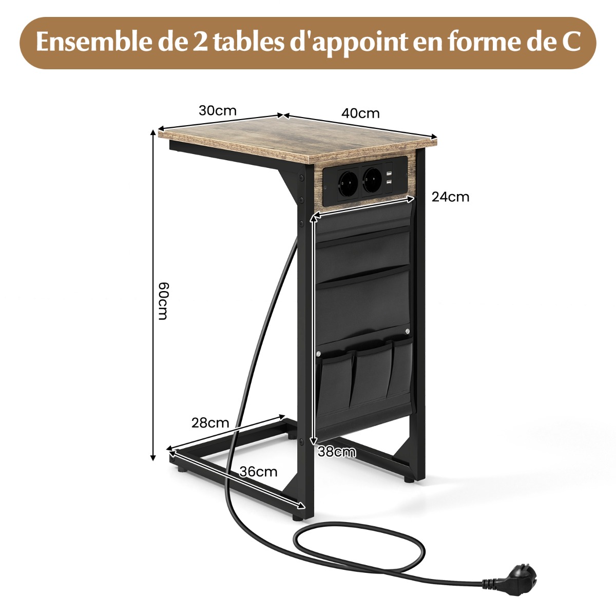2 C formos šoninių staliukų komplektas, Rustic Brown, su įkrovimo stotele ir USB jungtimis - Image 3