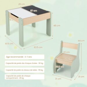 4 Viename vaikų žaidimų stalas ir 2 kėdės MDF, žalias, 63,5 × 61,5 × 48 cm