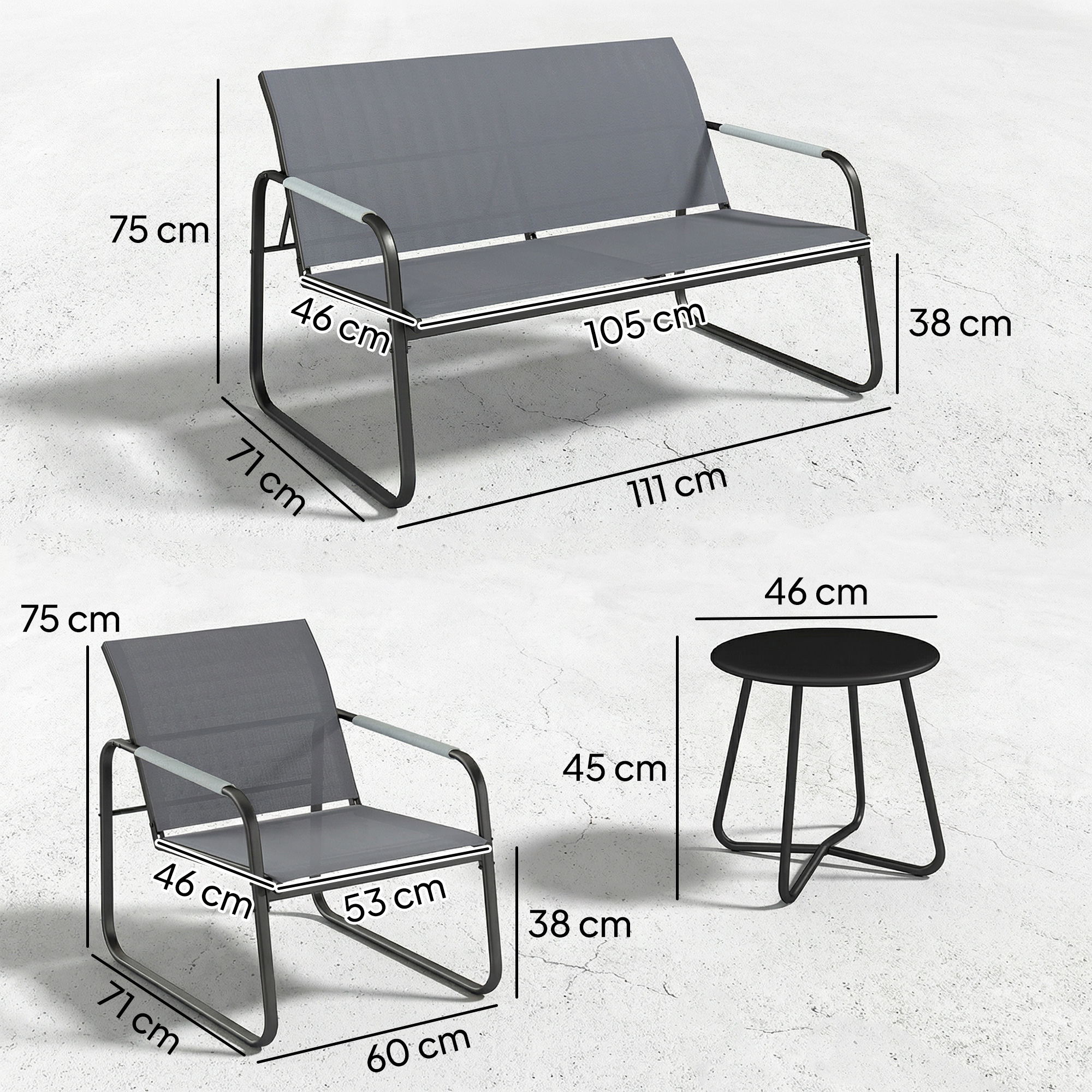 Sodo baldų komplektas 4 asmenims, pilka / juoda, su 2 vietų sofa, 2 kėdėmis ir apvaliu stalu - Image 3