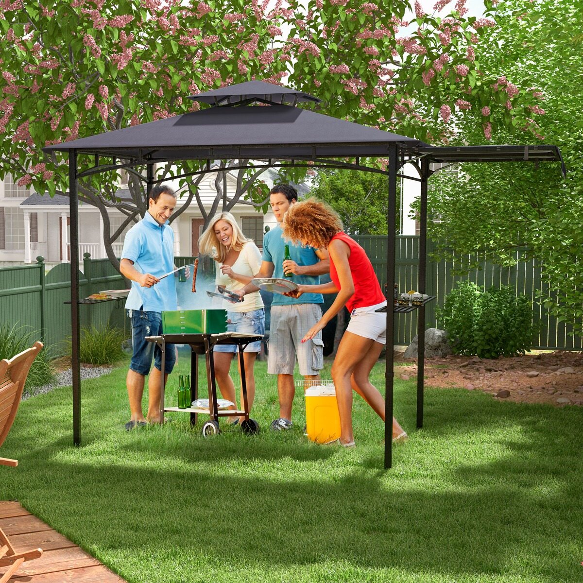BBQ pavėsinė su šonine stogine, 318 x 153 cm, tamsiai pilka