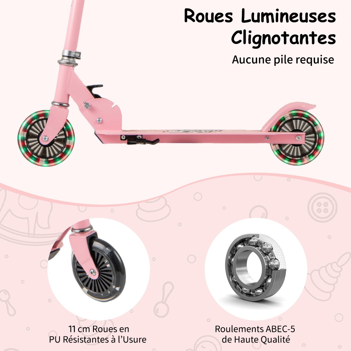 Bērnu saliekamais skrejritenis ar LED riteņiem, regulējams, rozā - Image 3