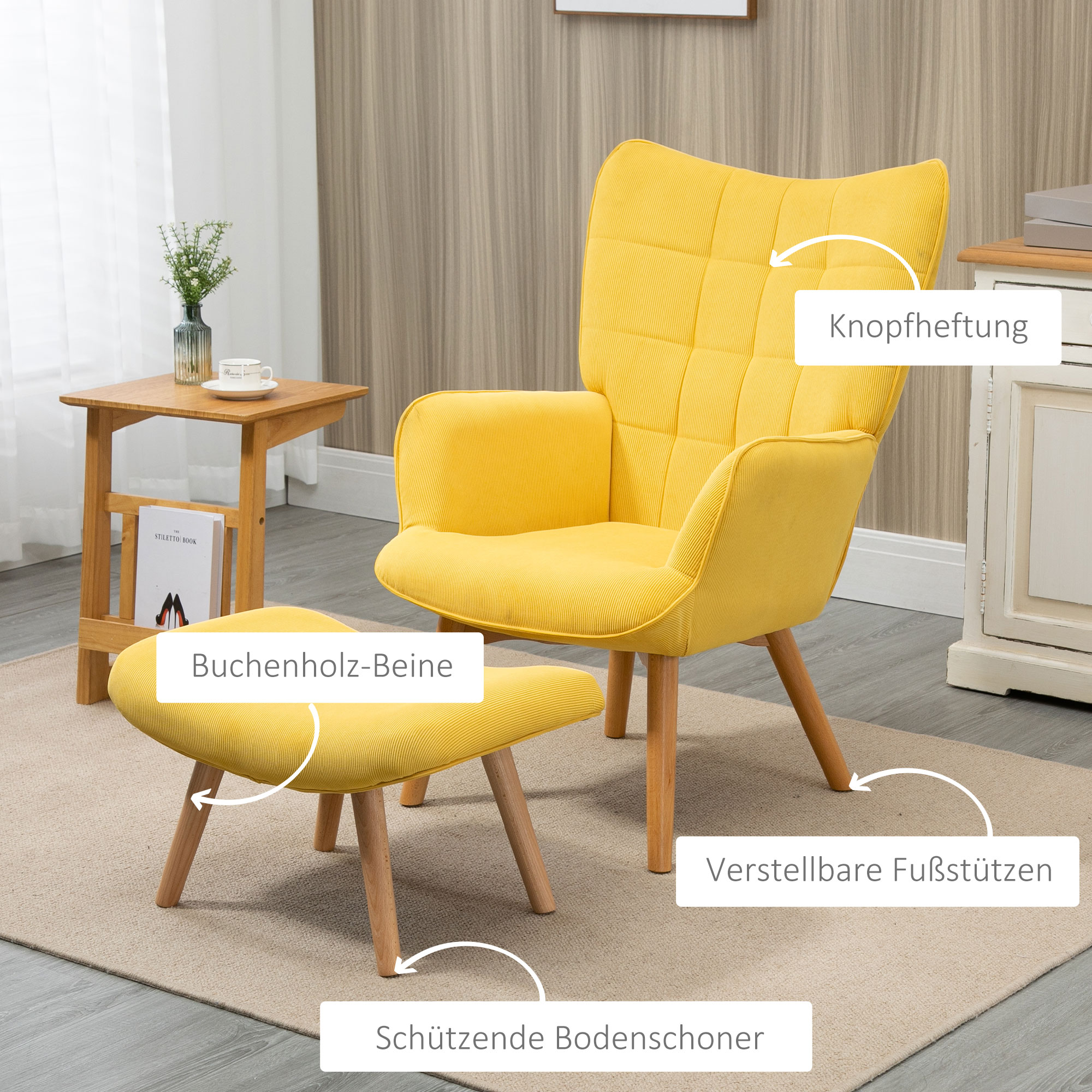 Akcenta krēsls ar kāju balstu, dzeltens, korduroja tipa, 72 x 80 x 101 cm - Image 5