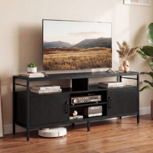 TV spintelė 65" televizoriui, 2 spintelės, 4 atviros lentynos, juoda