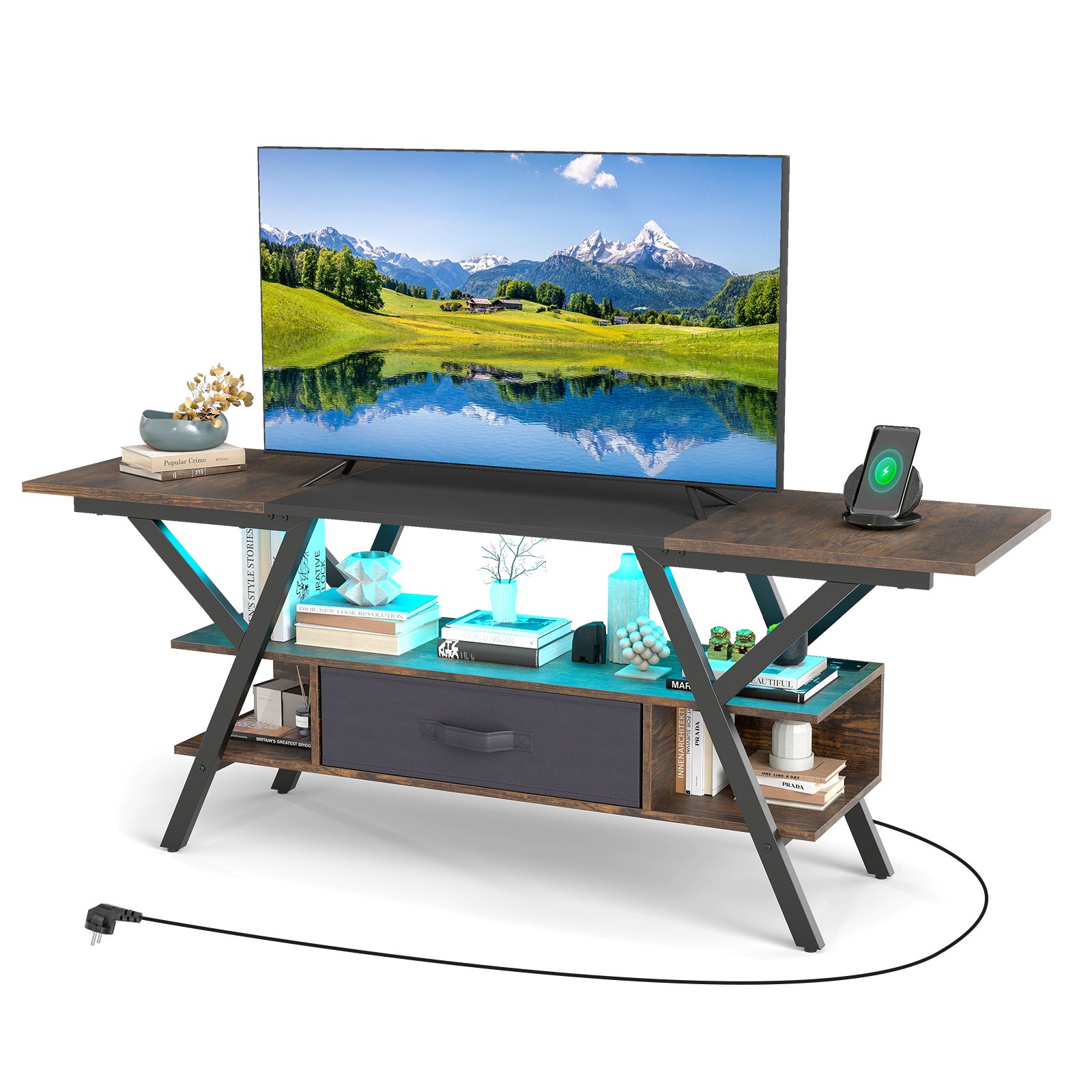 TV-alus 65" telerile, 3-korruseline LED-valgusega, pruun