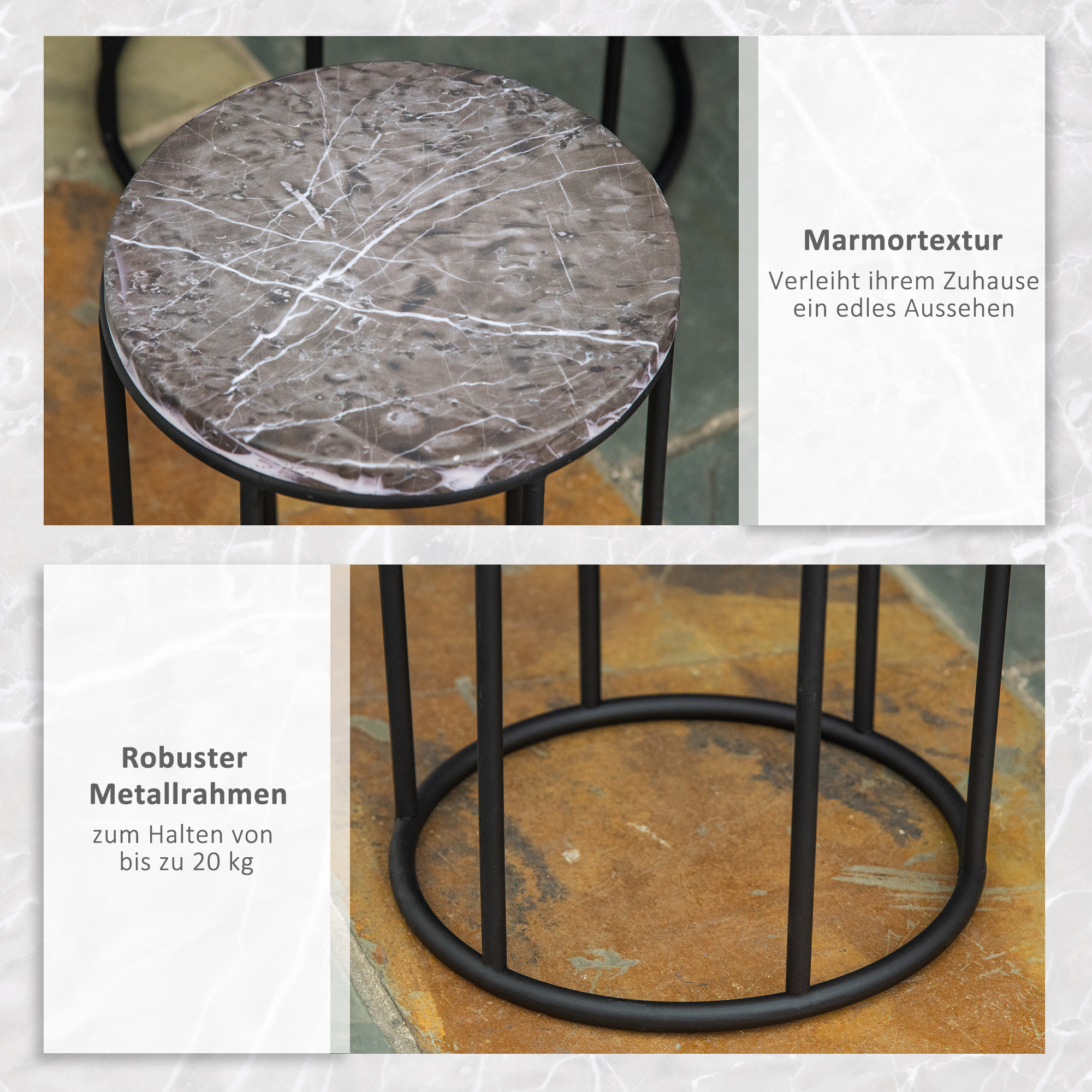 3-osainen metallinen kukkateline setti, musta ja harmaa, marmoripinta - Image 6