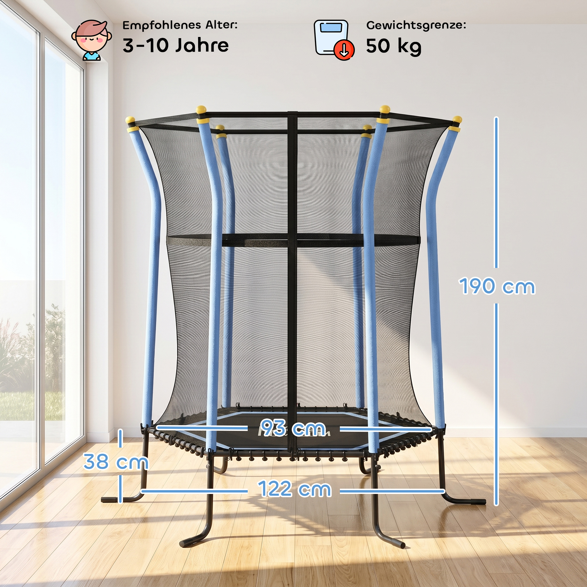 Bērnu batuts ar drošības tīklu, 122 x 111 x 190 cm, melns un zils, līdz 50 kg - Image 3