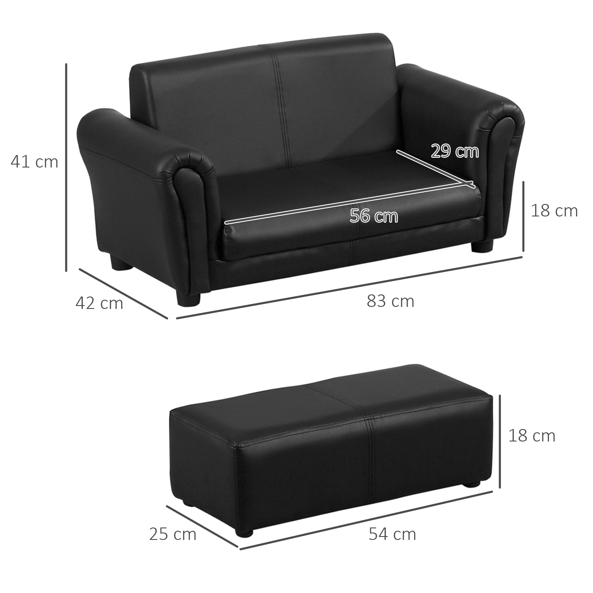 Laste diivan koos tumbaga, 2-osaline komplekt, must, 83 x 42 x 41 cm - Image 3