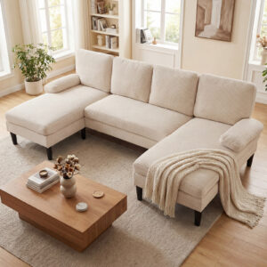 U-muotoinen modulaarinen sohva 5-6 hengelle, 258cm, samettikangas, moderni vuodesohva, beige