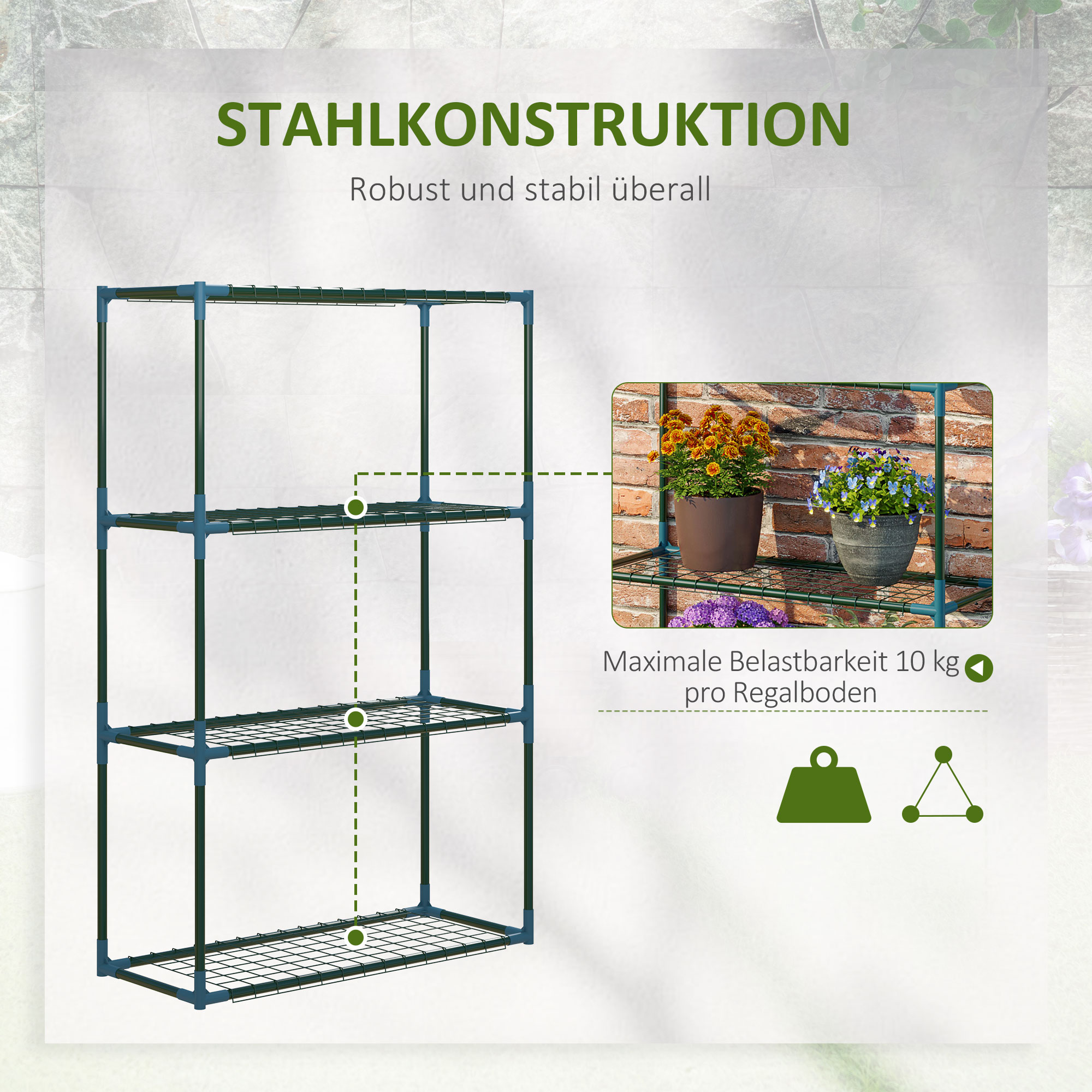 Kasviteline, 2-osainen setti, 4 hyllyä per kappale, vihreä, 70 x 27 x 110 cm - Image 6