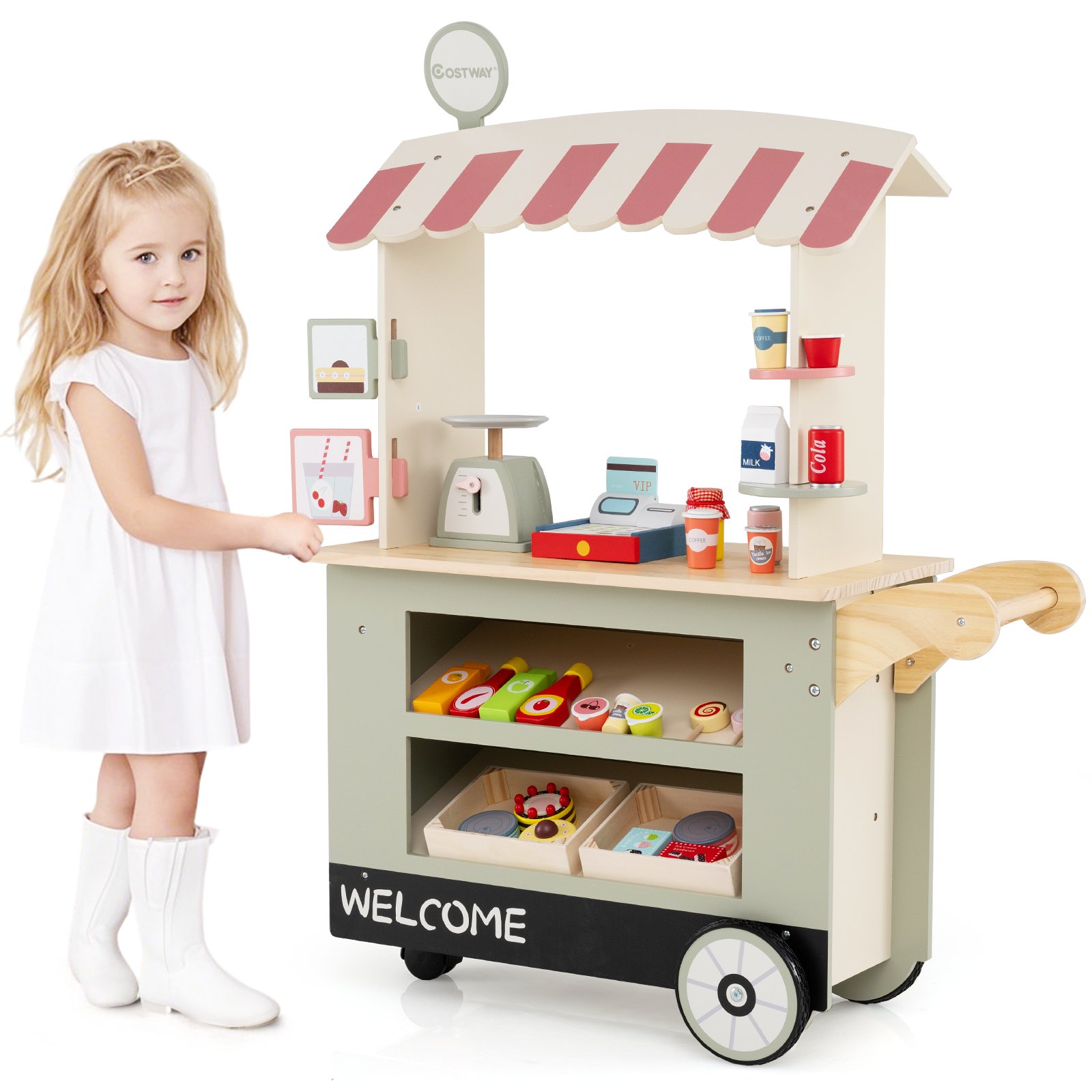 Žaislinis vežimėlis su POS ir svarstyklėmis, žalias