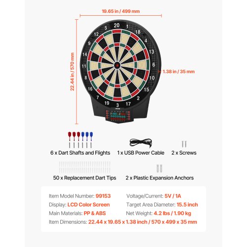 VEVOR elektroninen dartsitaulu, 391 mm maali, 43 peliä, LCD-näyttö - Image 7