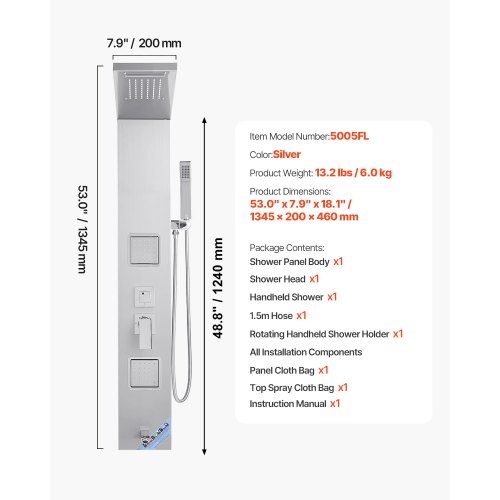 VEVOR suihkupaneeli sateen- ja vesiputoussuihkupäällä, 134,5 cm, harjattu ruostumaton teräs, hopea - Image 7