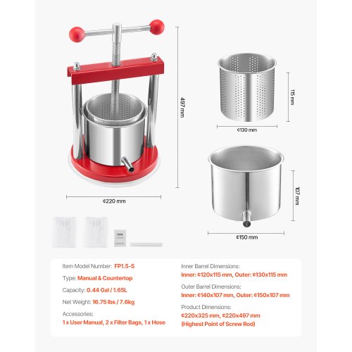 VEVOR vaisių vyno presas, 1,65 l, 2 nerūdijančio plieno statinės, FP1.5-S - Image 7