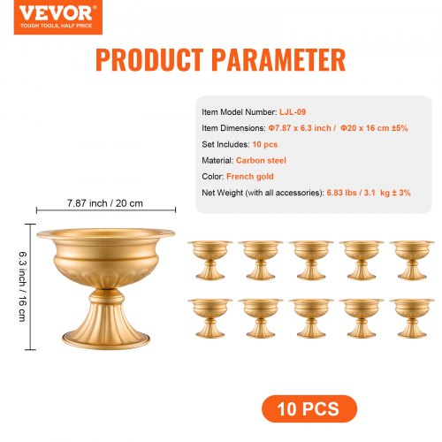 VEVOR 10 vnt. metalinės vestuvinės vazos kompozicijai, prancūziško aukso, 16 cm, LJL-09 - Image 7