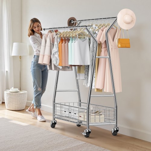VEVOR drēbju statīvs uz ritentiņiem, 2 pakaramo stieņi, ar uzglabāšanas grozu, oglekļa tērauds, 107-166 cm - Image 8